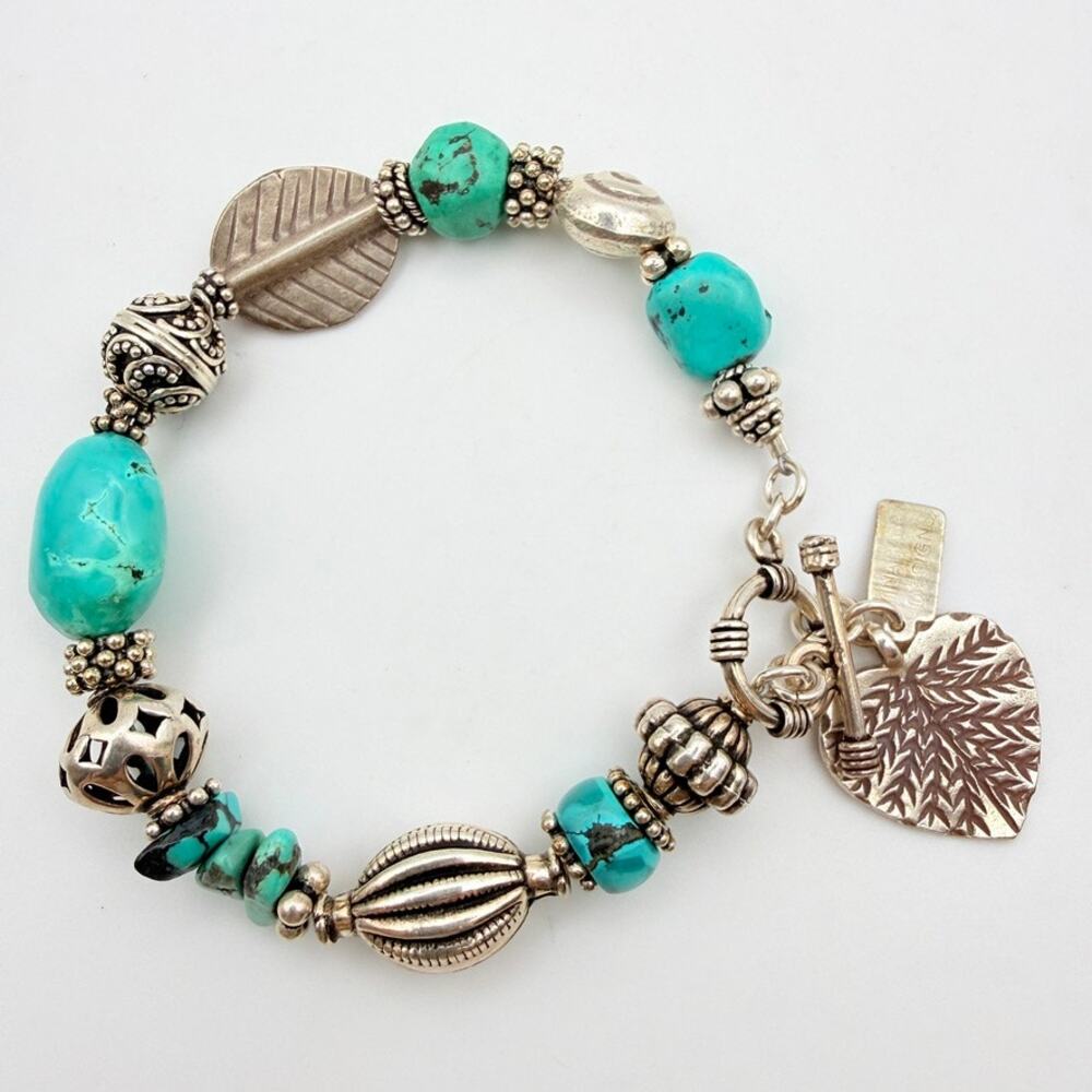 Vintage Tina Barry Designs 925 Silver Leaves Turquoise Beaded Bracelet Boho